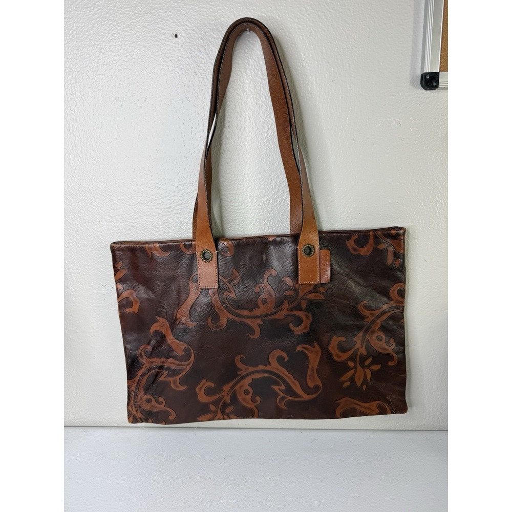 Falor Le Borse Leather Tote Tooled Embossed Brown Purse Bag Made in Italy 16x11